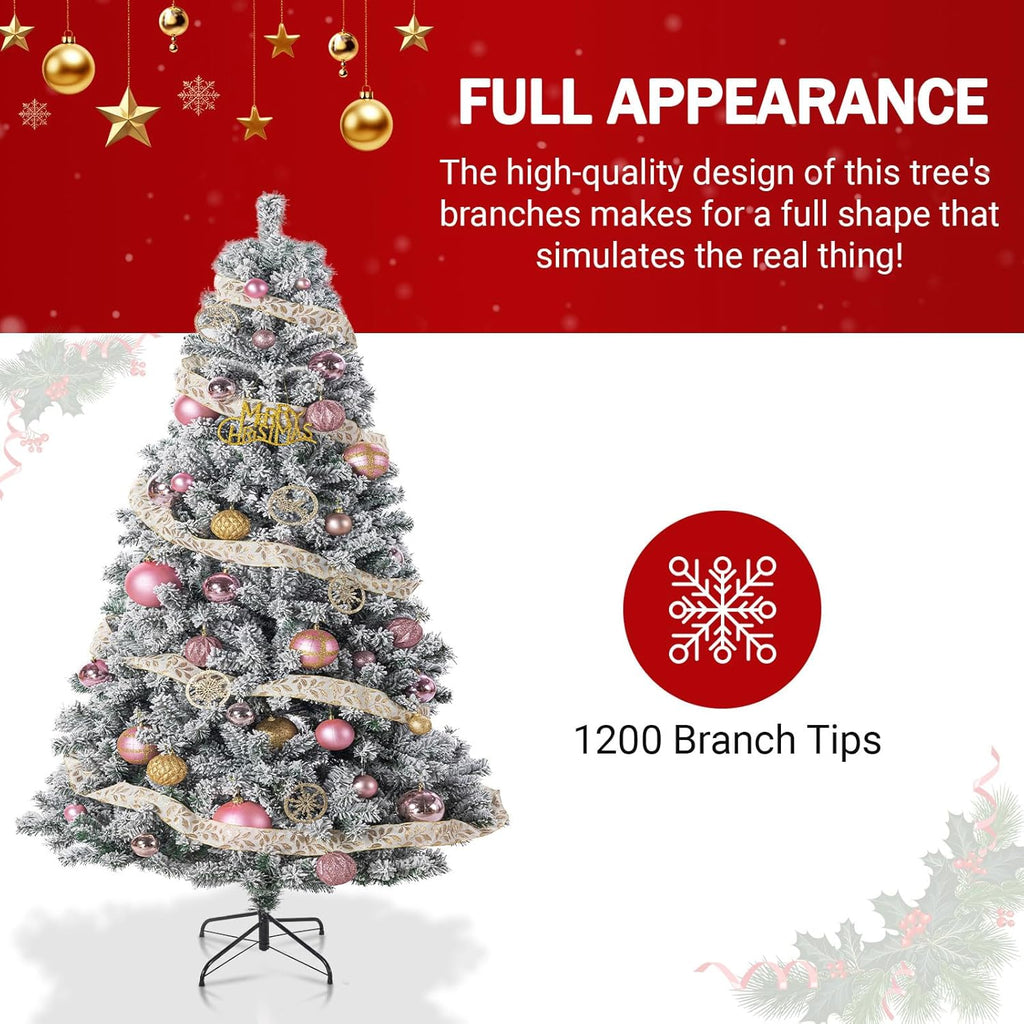7FT Snow Flocked Christmas Tree, Premium Hinged Artificial Pine Xmas Tree with Metal Stand, 1200 Branch Tips for Lush Holiday Decor, Easy to Assemble & Perfect for Christmas Decoration