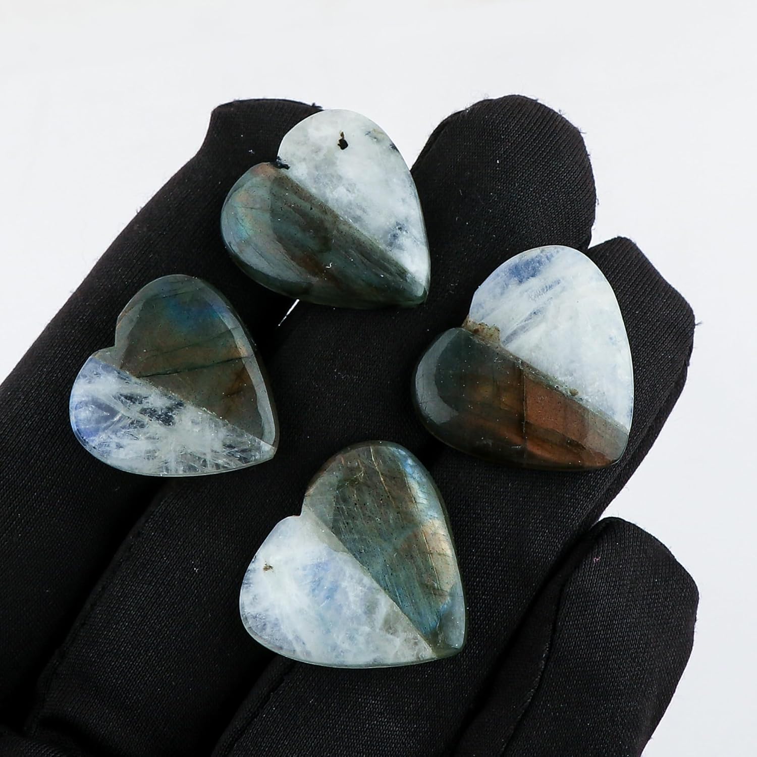 CRYSTALIS 4pcs Natural Doublet Labradorite & Moonstone Hearts, Loose Gemstone, Wholesale Bulk Cabochons, Jewelry Making Supply, Chakra Healing Polished Stones, Wire Wrapping, DIY, Gem Collection