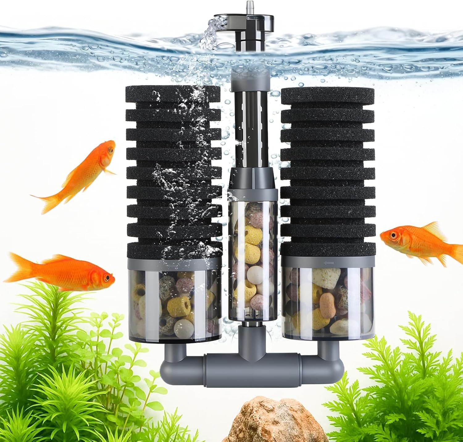 Dual Sponge Aquarium Filter, Air-Powered, 10–40 Gal – Ultra-Quiet Bio-Sponge Filtration | Freshwater & Saltwater | Easy Setup