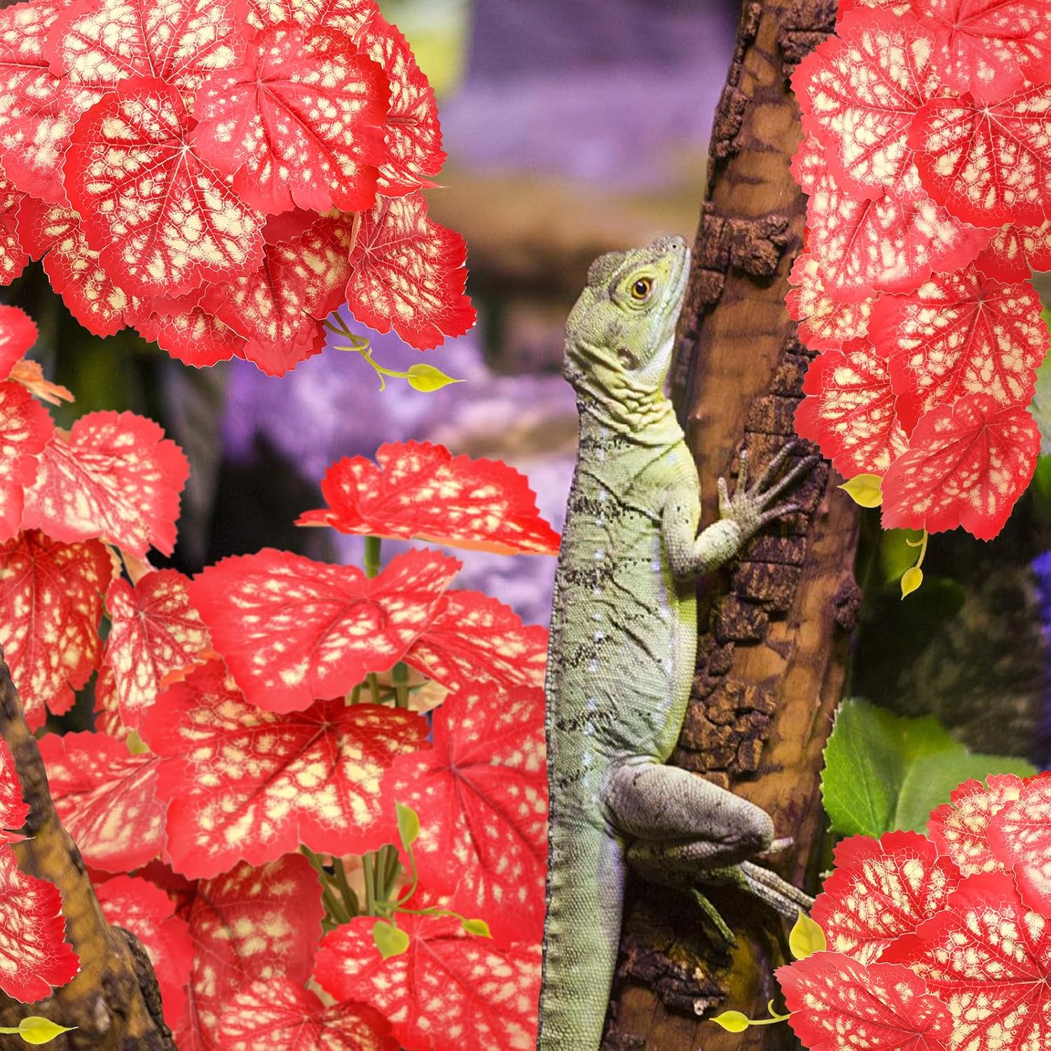 2 Pack Reptile Plants for Terrarium, Artificial Leaves Habitat Decorations with Suction Cups, Terrarium Hanging Plants Vines for Bearded Dragons Lizards Snake Geckos Frogs - Red