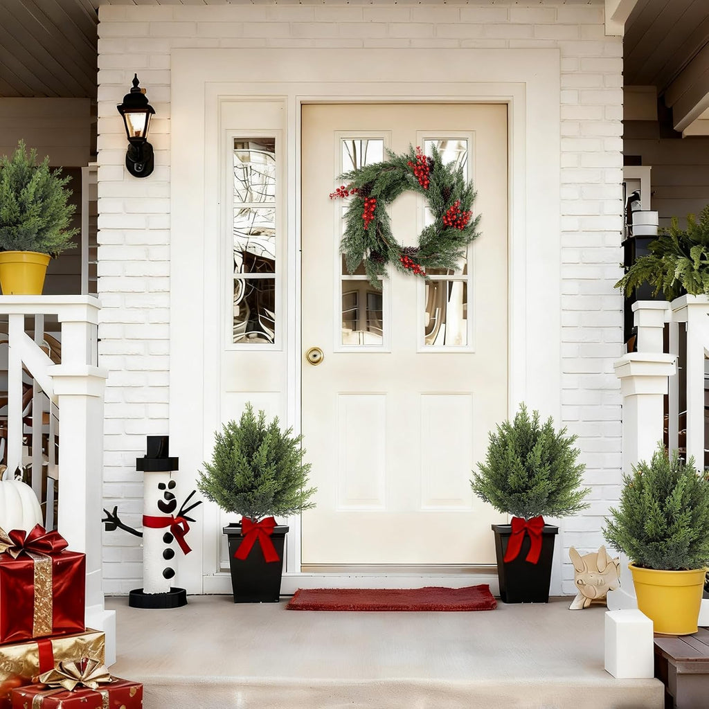 RECUTMS Artificial Cedar Topiary Ball Artificial Cypress Faux Shrubs with Planting Stake Faux Christmas Trees Fake Christmas Plants Outdoor Plants for Indoor Outdoor Front Porch Decoration(Mix Green)