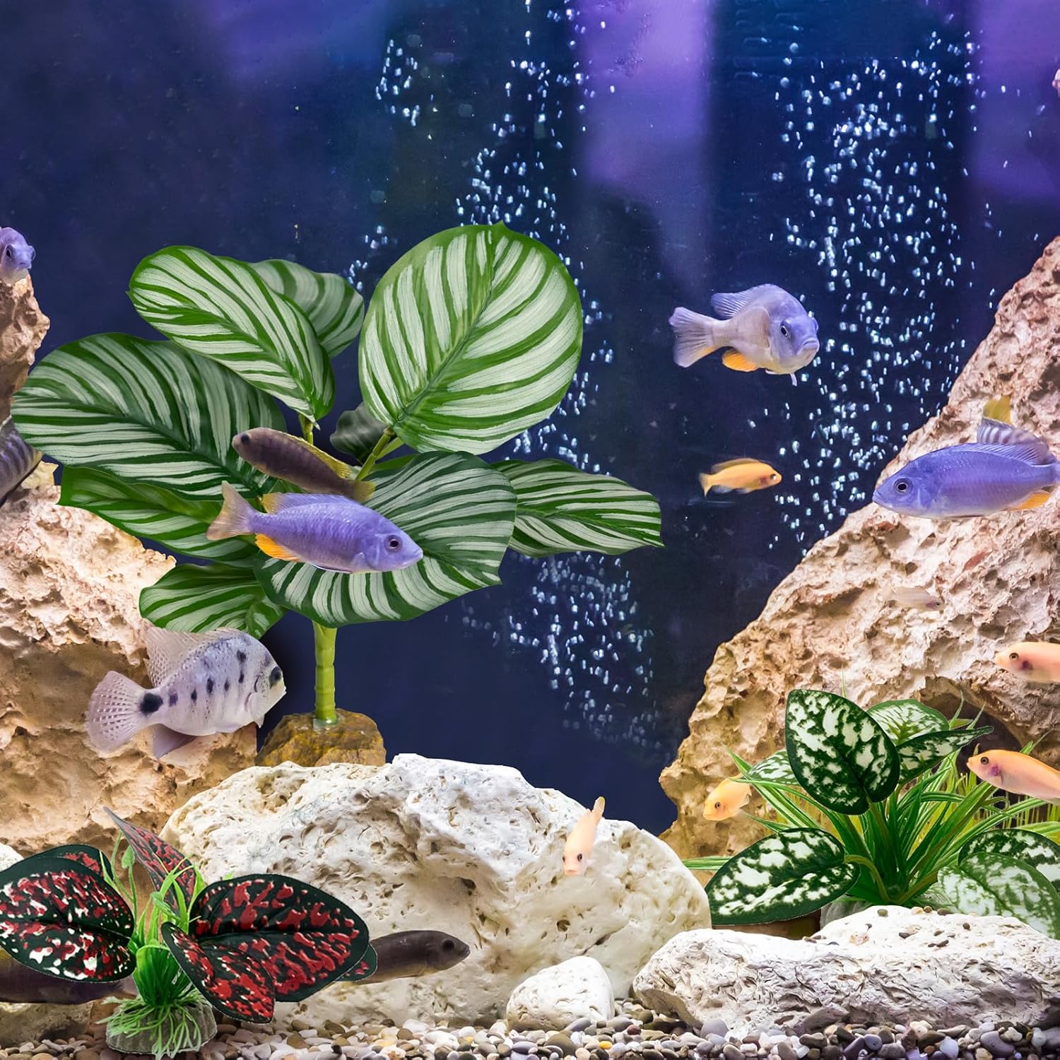 Reptile Artificial Plants, Big Terrarium Plants Decorations Supplies, Aquarium Fish Tank Plants, Amphibian Habitat Hideout Tank Accessories(L Set-3pcs/G)