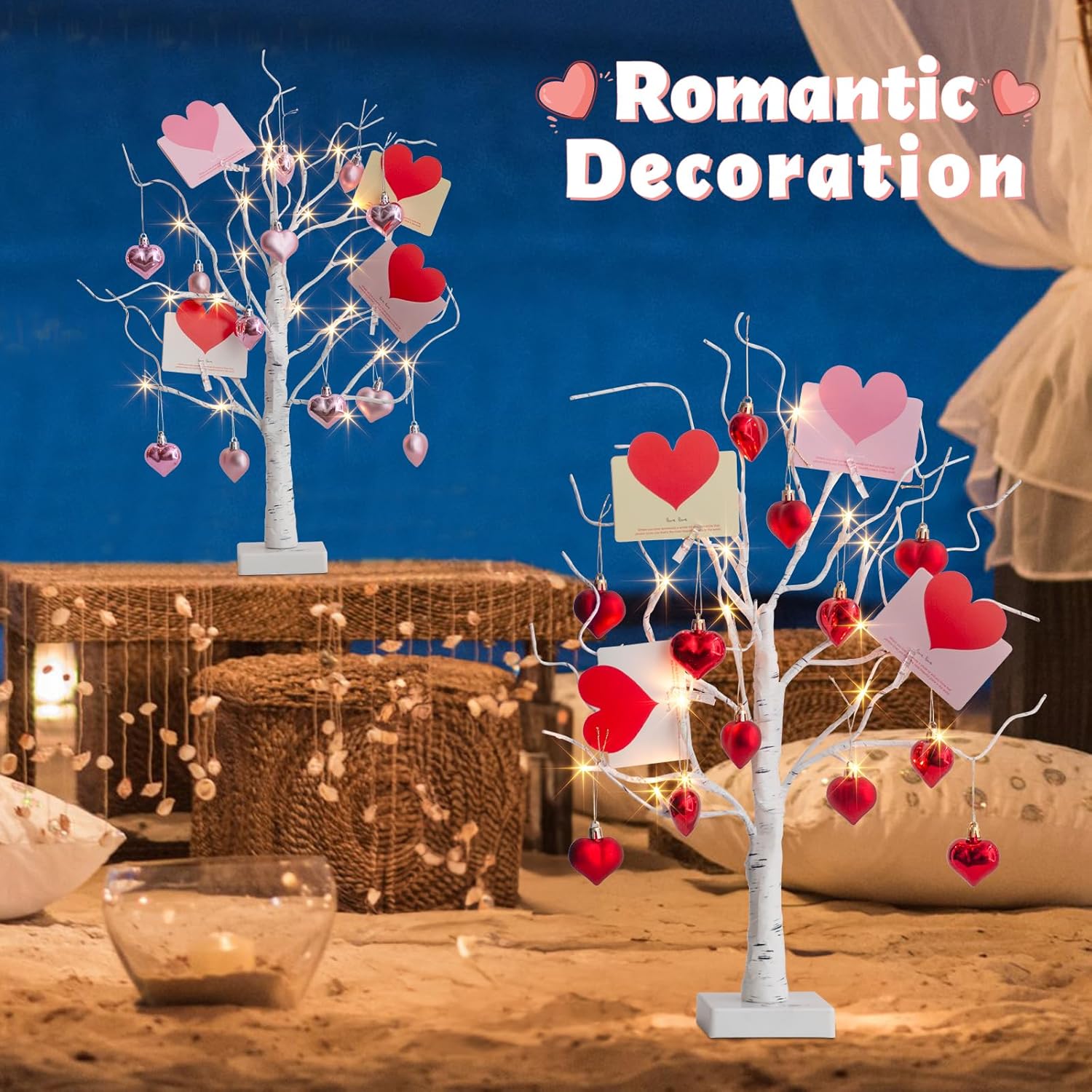 PEIDUO Valentine's Day Decorations, Set of 2 Gift Card Tree with 24 Hanging Heart Ornaments, for Home Indoor Bedroom Anniversary Wedding Party Decor, 6H/18H Timer