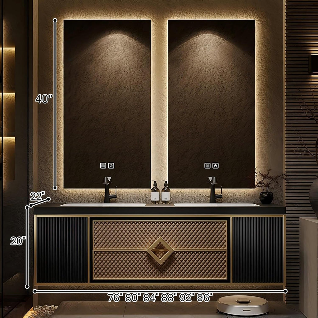 Floating Bathroom Vanity, Double Sink Bathroom Vanity Set Includes Smart Defogging Mirror, Slate Countertop and Ceramic Sink, Modern Bath Cabinet with Soft-Close Drawers and Cabinet Door - 76IN