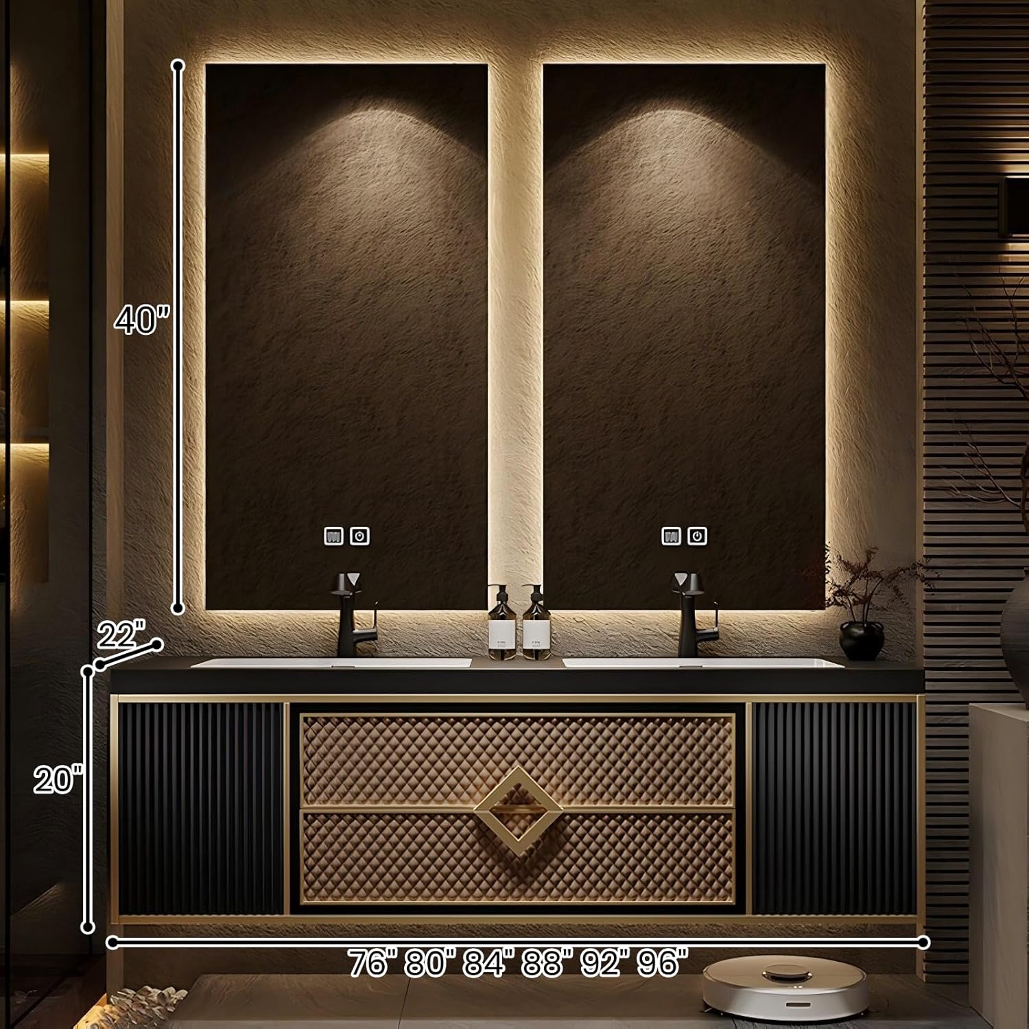 Floating Bathroom Vanity, Double Sink Bathroom Vanity Set Includes Smart Defogging Mirror, Slate Countertop and Ceramic Sink, Modern Bath Cabinet with Soft-Close Drawers and Cabinet Door - 96IN