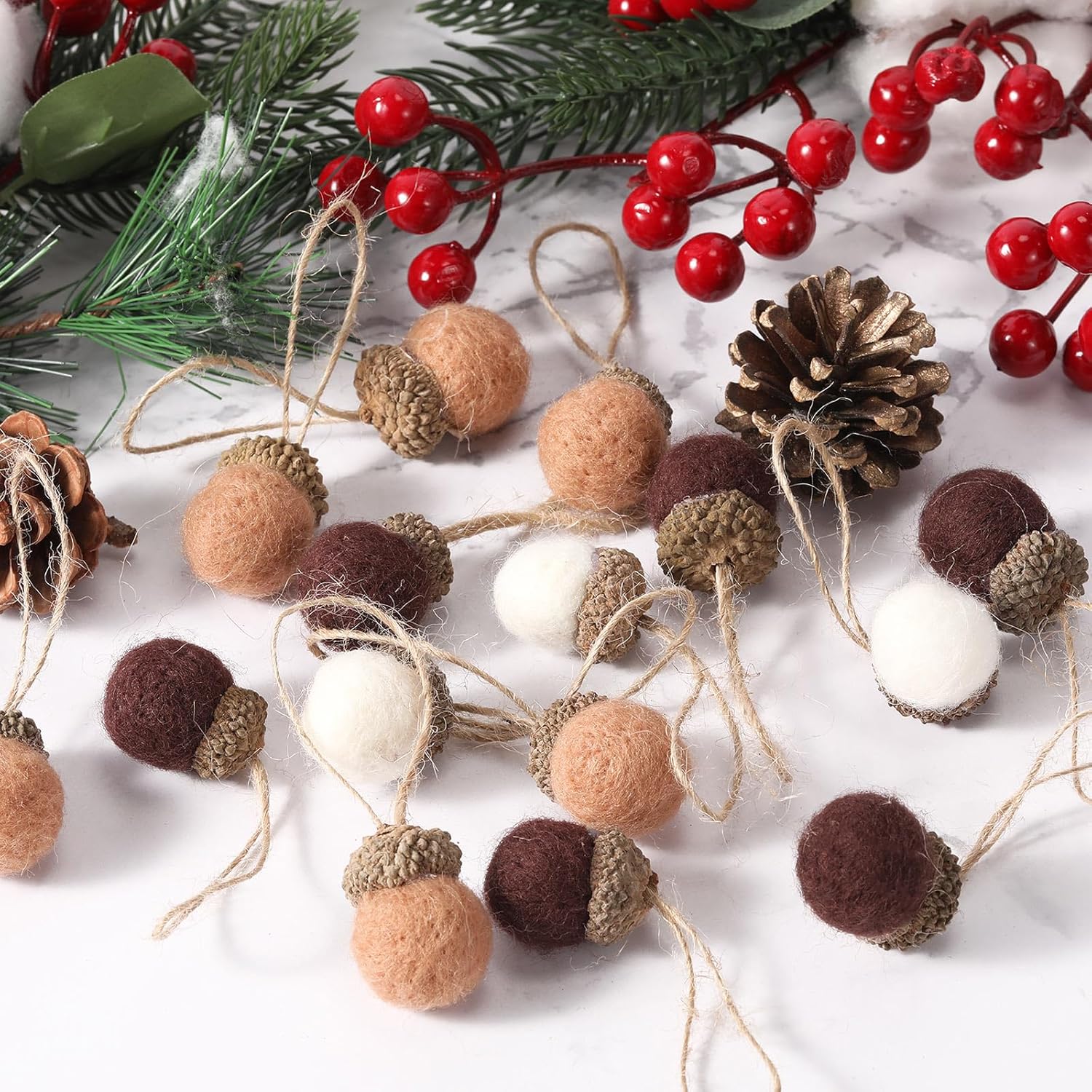 Boao 18 Pcs Felt Acorn Ornaments Fall Thanksgiving Wool Pom Acorn Ball Decor Hanging Pine Cone Garland with 32.8 ft Rope for Christmas Tree Woodland Farmhouse Mantel Wall Decor