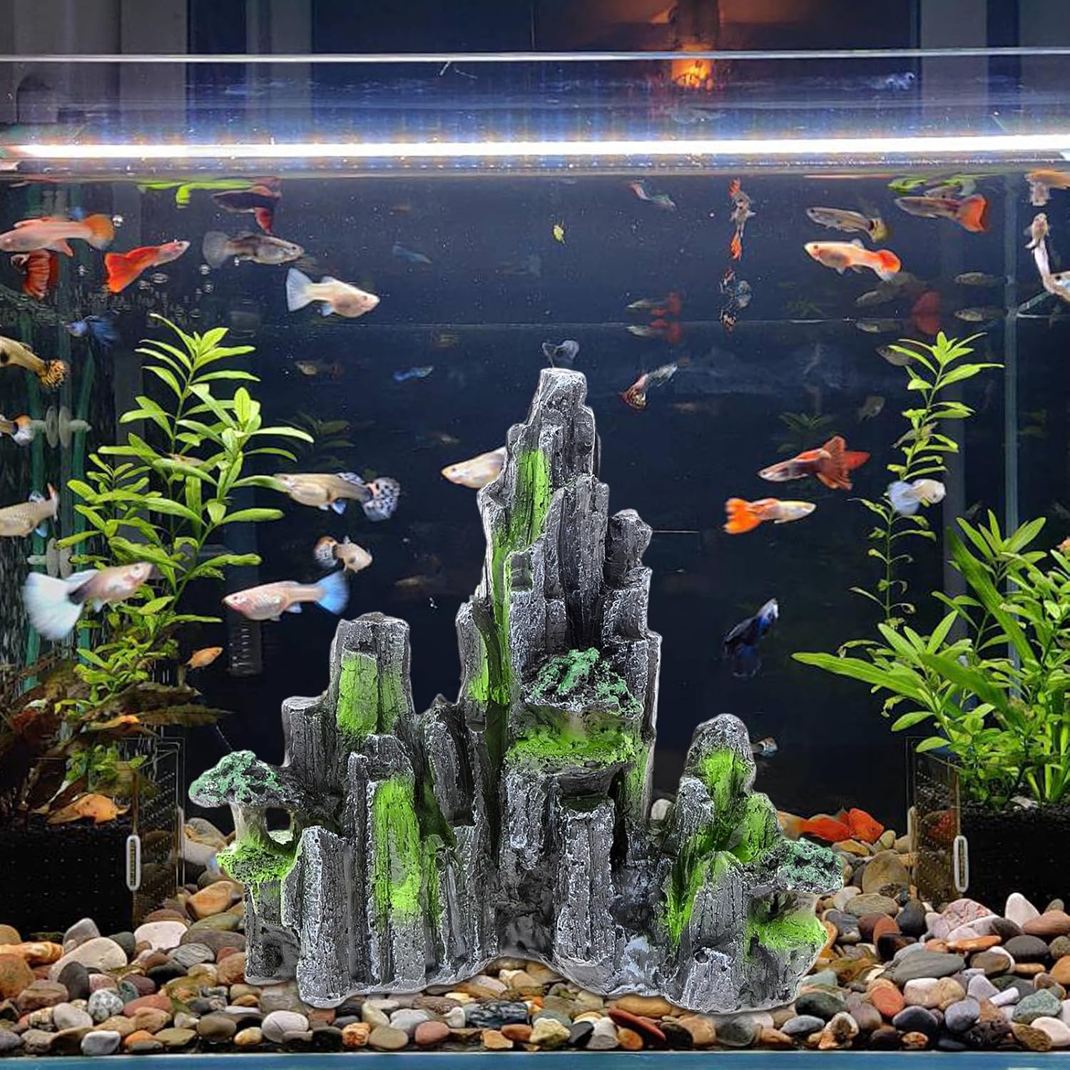 Aquarium Rock Mountain Decoration, Resin Fish Tank Ornament with Realistic Rock Design, Beta Fish Cichlids & Shrimp Hideout Play, for 5 to 20 Gallons Aquarium Landscape Decor (3.5 x 6.2 x 6.1in)