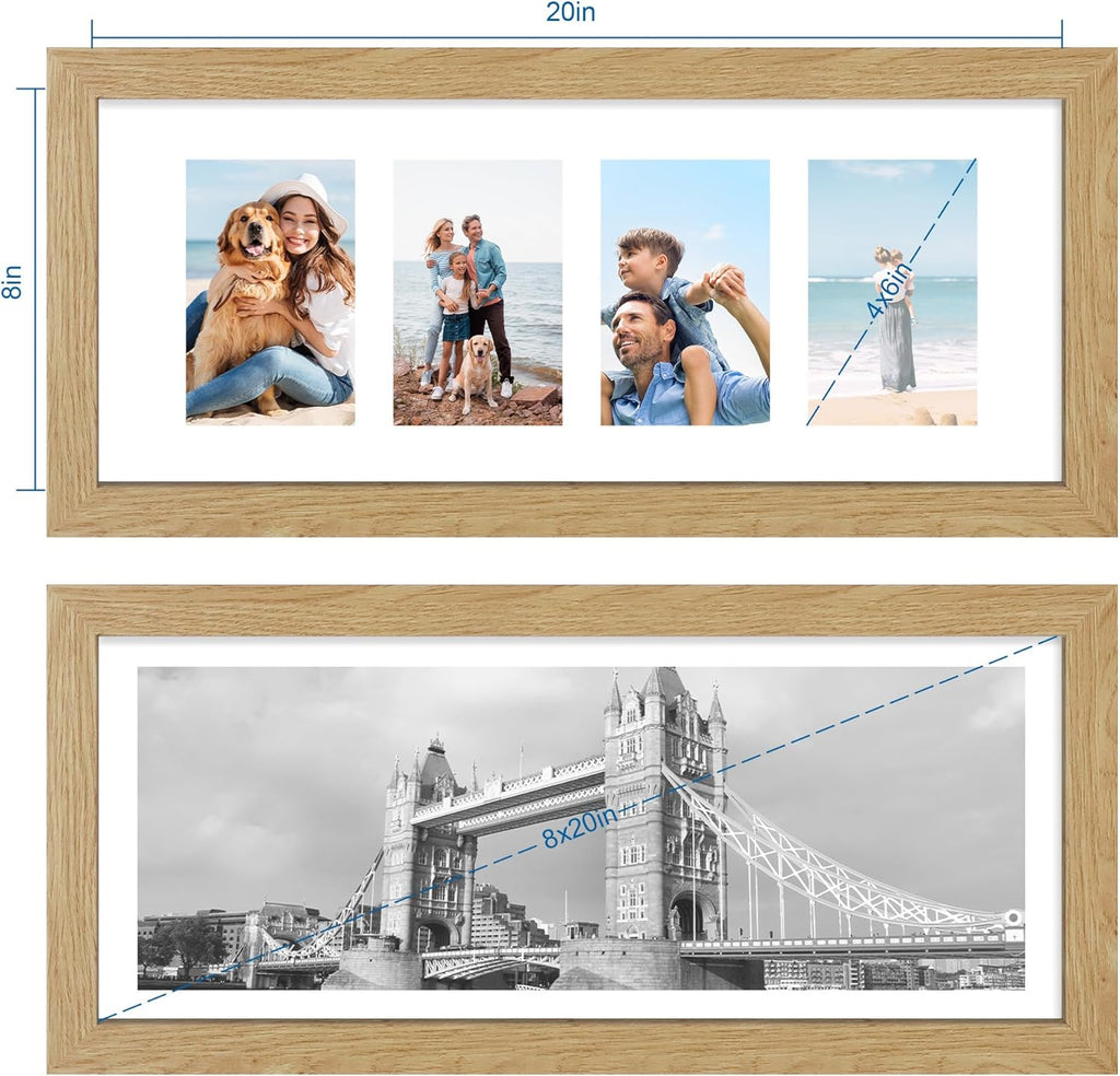 8x20 Picture Frame Set of 2, Natural Oak Wood Frame with Tempered Glass Collage Frame, Display Pictures Four 4x6 With Mat or 8 x 20 Without Mat - Horizontal or Vertical Wall Mounting