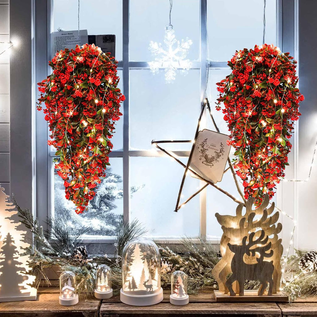 RECUTMS Faux Hanging Plants 2 Pack Hanging Flowers Artificial Decor Greenery Fake Vines with Lights Strings Plastic Flowers Artificial Ivy Leaves Long Stem for Porch Patio Kitchen (Red)