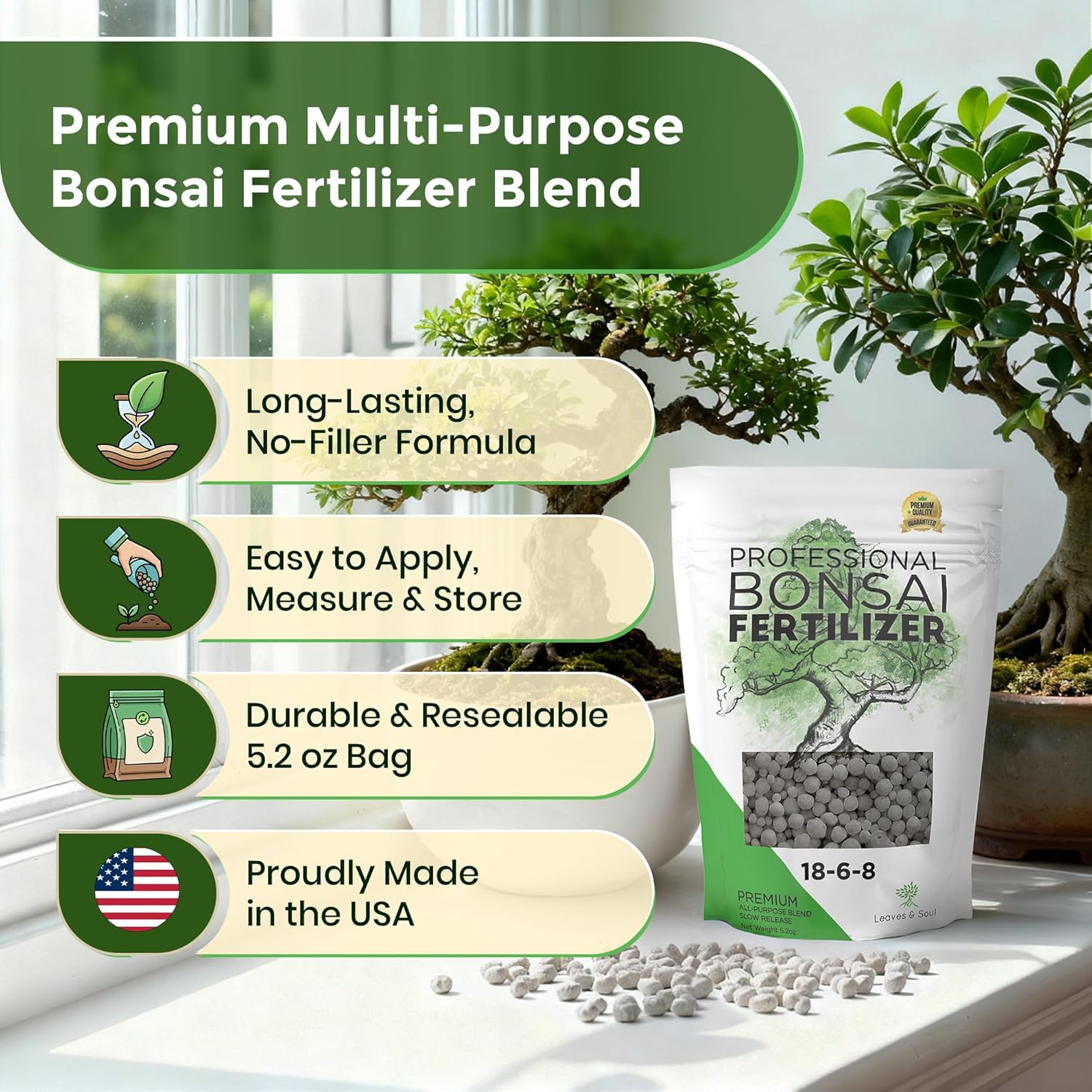 Leaves and Soul Bonsai Fertilizer Pellets |18-6-8 Slow Release Pellets for Seedlings, Mature Plants, All Tree Types | Multi-Purpose Blend & Gardening Supplies, No Fillers | 5.2 oz Resealable Packaging