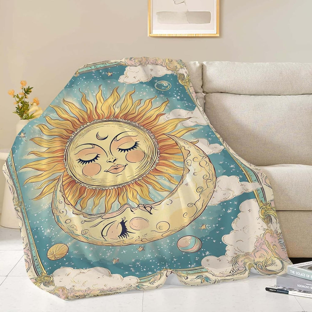 Sun and Moon Throw Blanket Celestial Hippie Sun and Moon Stuff Gifts for Kids Girls Boys Adults Women Man Soft Cozy Warm Plush Fluffy Fuzzy Fleece Blanket Decor 40''X50''