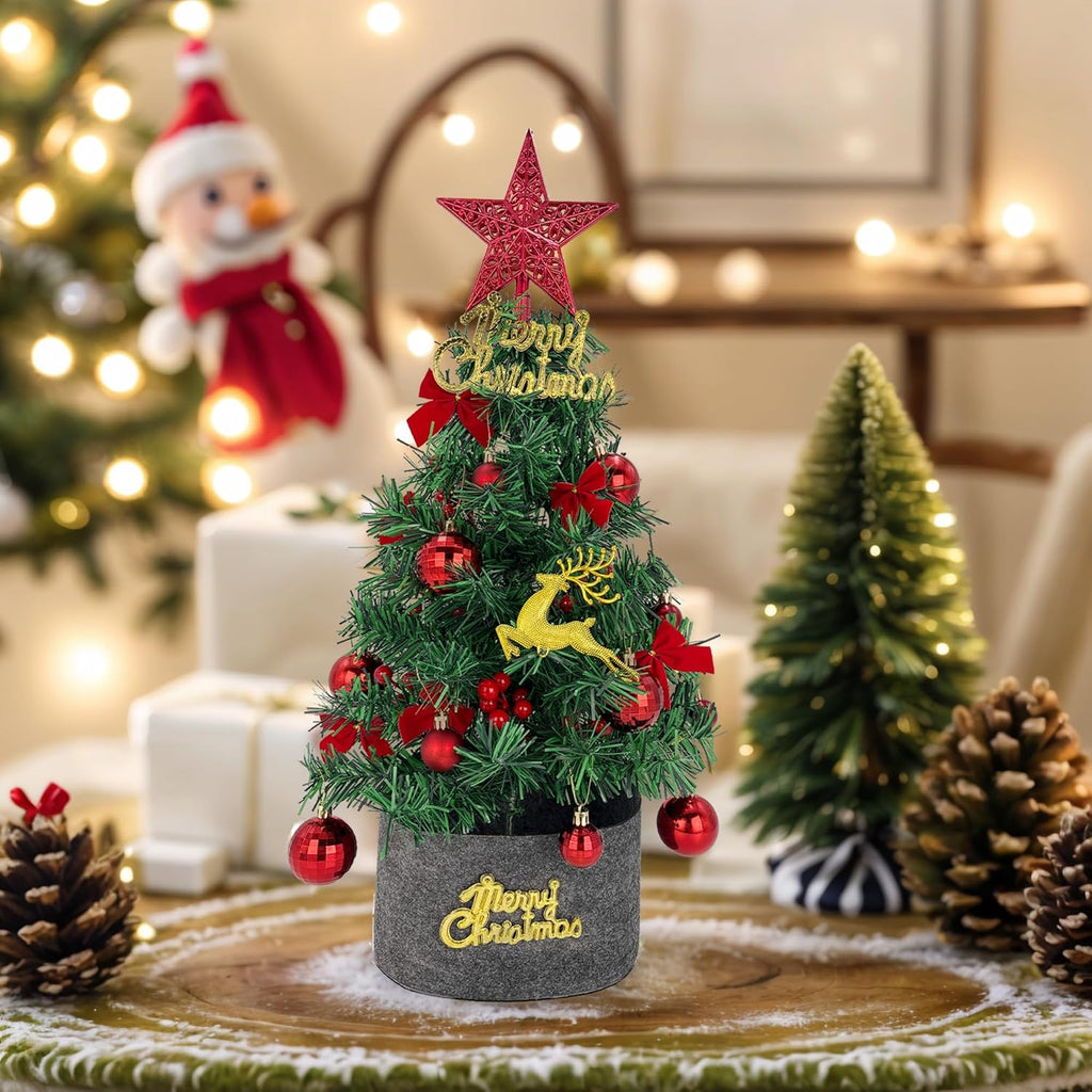 Tree Company Pre-lit Artificial Mini Christmas Tree - Red Star, Small White LED Lights, White Tipped Cones, Glitter Branches Pine Cones and Cloth Bag Base - Glittery Bristle Pine - 24 inch