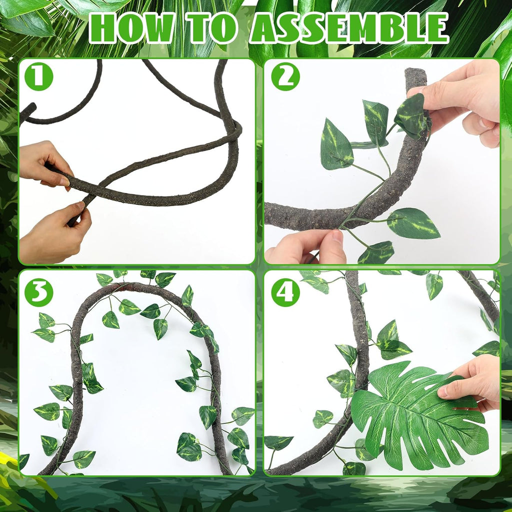 Preboun 27 Pcs Jungle Theme Party Decorations 2 10ft Artificial Rattans 20 Tropical Palm Leaves 5 Ivy Fake Vines Tropical Rainforest Safari Rattan Decorations for Indoor Outdoor Forest Jungle Party