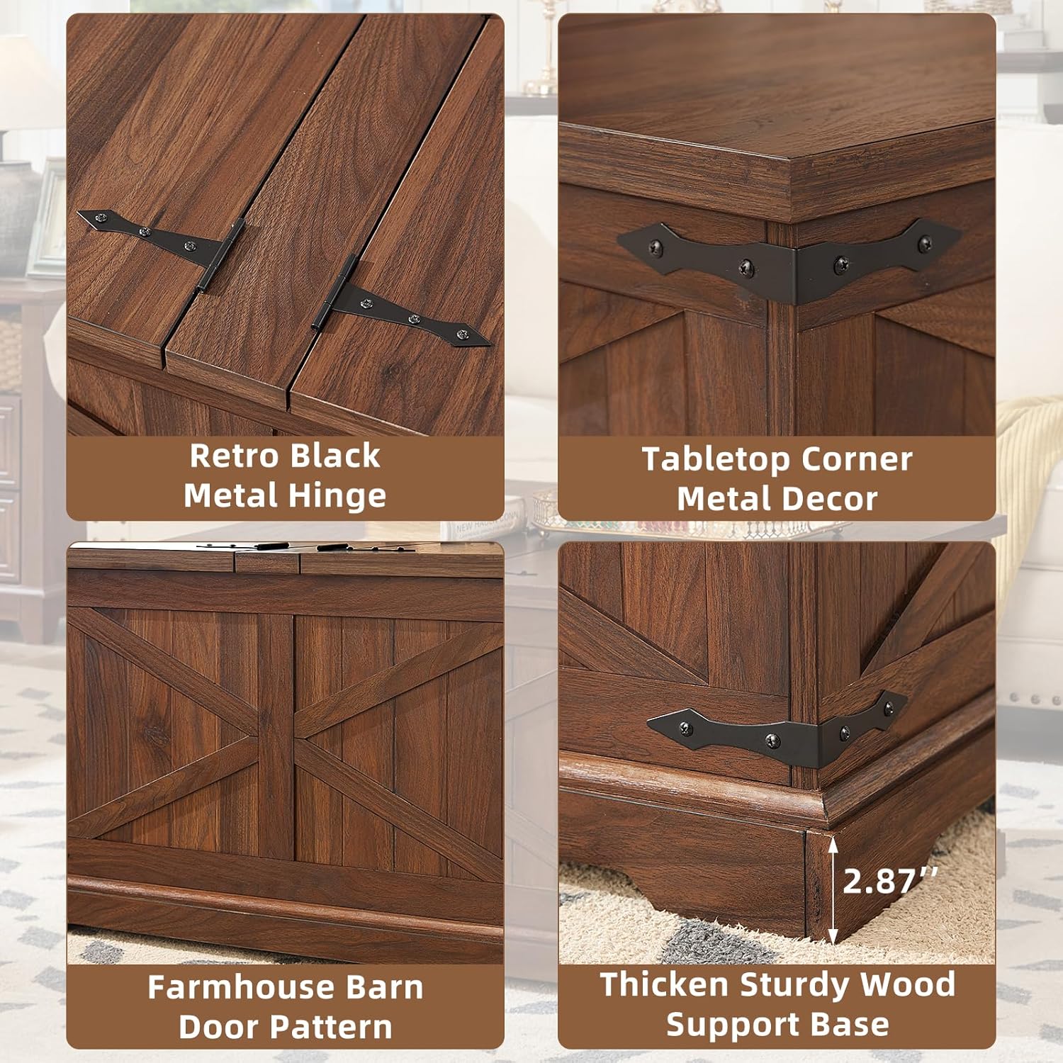 Farmhouse Coffee Table with Large Hidden Storage Compartment, Brown Retro Square Center Table, Wood Rustic Low Modern Living Room Tables with Hinged Lift Brown Top & Wooden Arc Base