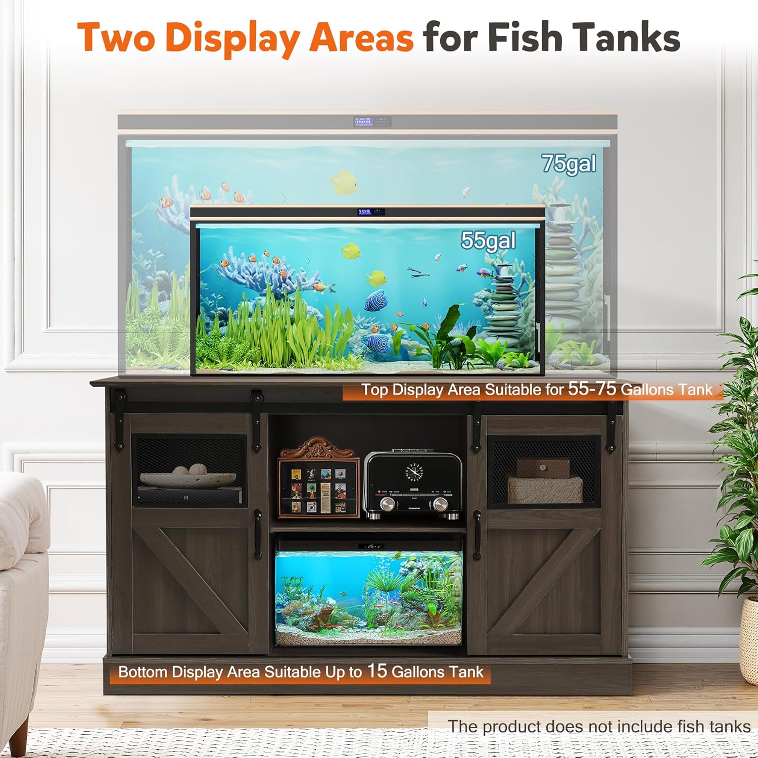Fish Tank Stand with Power Outlet, Aquarium Stand w/Sliding Barn Doors, 55-75 Gallon Fish Tank Stand w/Cabinet for Accessories Storage for 2 Fish Turtle Tank Reptile Terrarium, 1000 LBS (Gray)