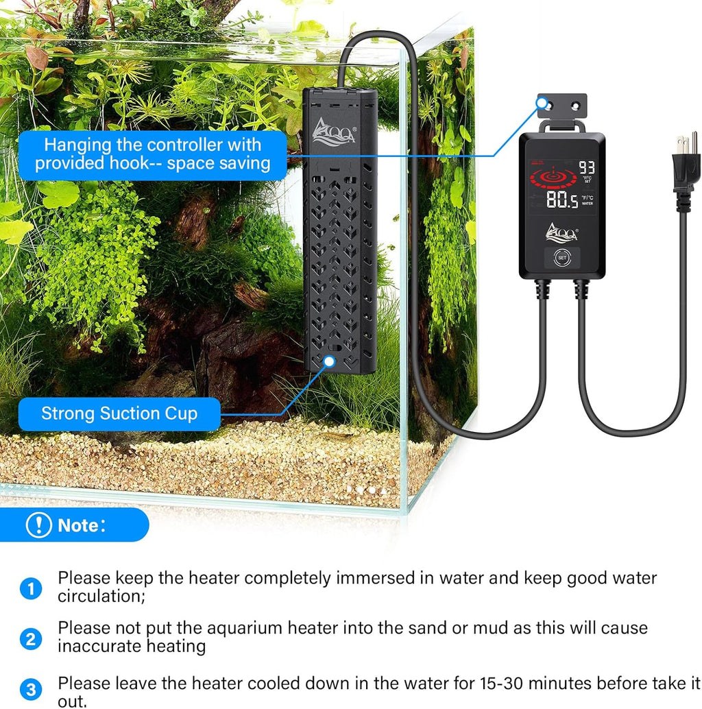 AQQA Submersible Aquarium Heater 500W for 55-130 Gallon Fish Tank Quartz Glass with External Controller for Betta Tank Koi Pond Saltwater & Freshwater (AQ197-500W for 55-130Gal)