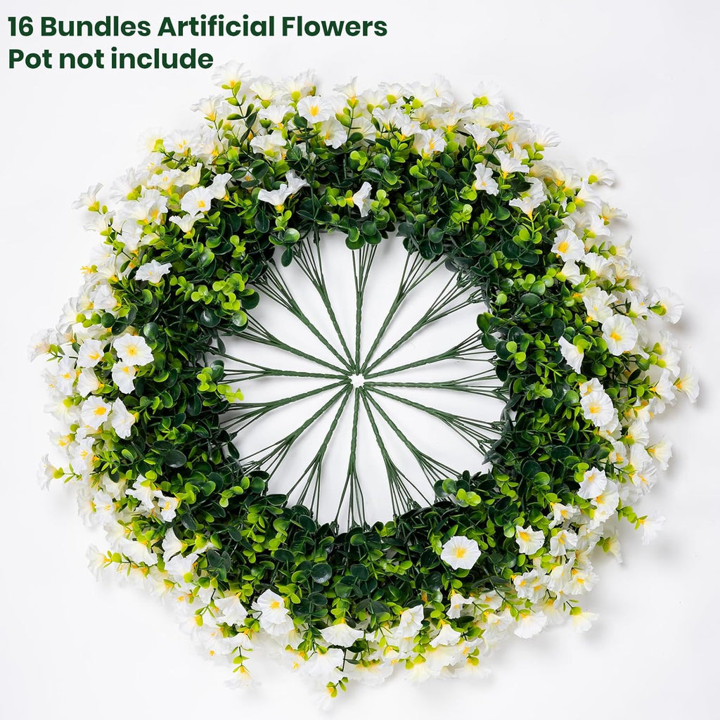Artificial Faux Flowers for Outdoor 16 Bundles Boxwood Fake Morning Glory for Planter,UV Resistant Fake Flowers for Home Porch Patio Outside（White）