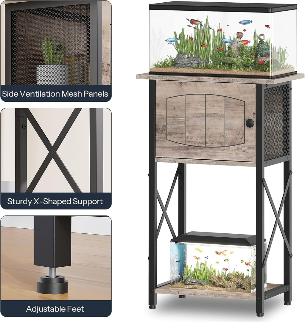 HOOBRO 10 Gallon Aquarium Stand, Fish Tank Stand with Cabinet Storage, Reptile Turtle Tank Stand with Metal Frame, 20.5" L x 11" W , 220 LBS Capacity, Greige BG28FT01