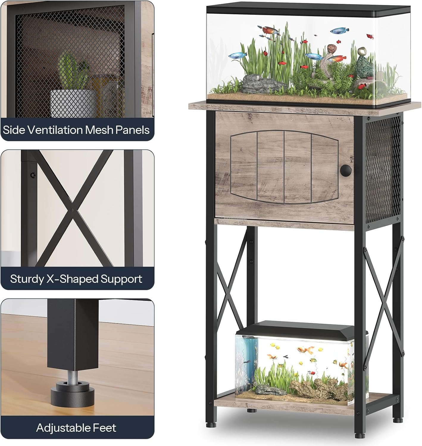 HOOBRO 10 Gallon Aquarium Stand, Fish Tank Stand with Cabinet Storage, Reptile Turtle Tank Stand with Metal Frame, 20.5" L x 11" W , 220 LBS Capacity, Greige BG28FT01