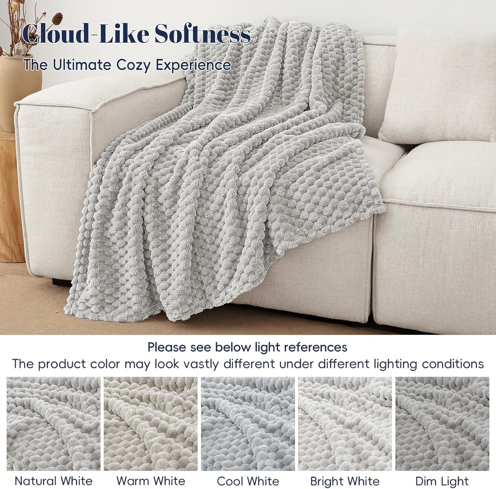 PHF Ultra Soft Flannel Fleece Throw Blanket, Lightweight 3D Jacquard Fleece Blanket, No Shedding, No Pilling, Luxury 340GSM Aesthetic Fluffy Cozy Throws for Couch Room Decor, 50"x60", Light Grey