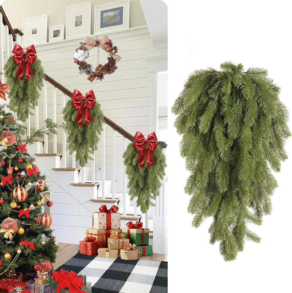 SJL Christmas Swags Stairway Swag, Hanging Teardrop Ornament Faux Winter Pine Wreath Christmas Pine Branches Outdoor Hanging Plants Winter Teardrop Wreath Holiday Decorations for Porch Yard(Green)