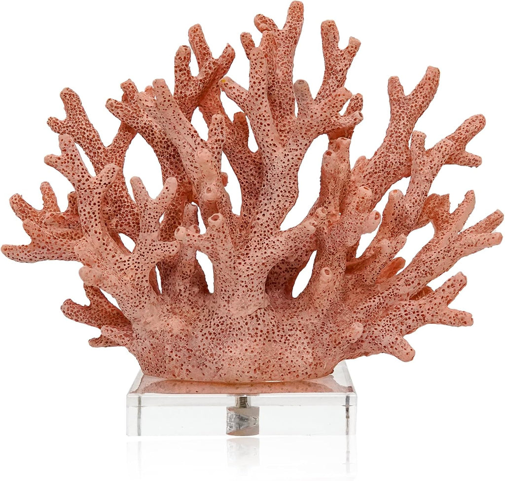 Coral Coastal Decor, Artificial Resin Coral Reef Statue, Coastal Room Decor Beach Decorations for Home Bathroom Bedroom,Ocean Themed Decor for Office,Aquarium,7.5''Lx6.3''H, RB1001P, Pink