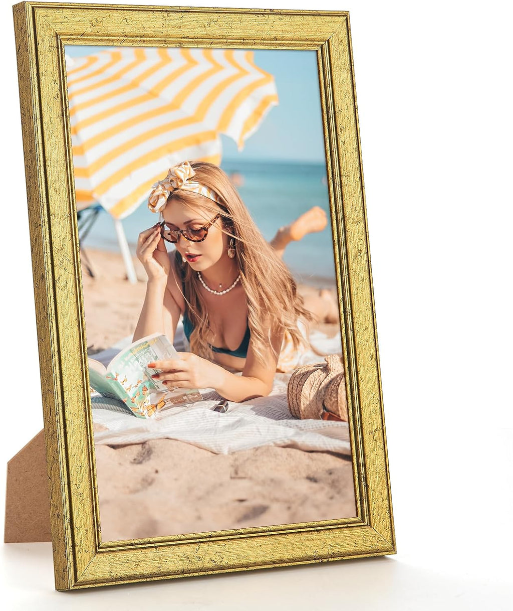 Wood 7x10 Frame Gold, Ornate Natural Wooden 10x7in Picture Frames, Modern Golden 7 x 10inch Gallery Photo Pic Frame with HD Plexiglass, Horizontal Vertical Wall Mounting Tabletop Display 1Pcs