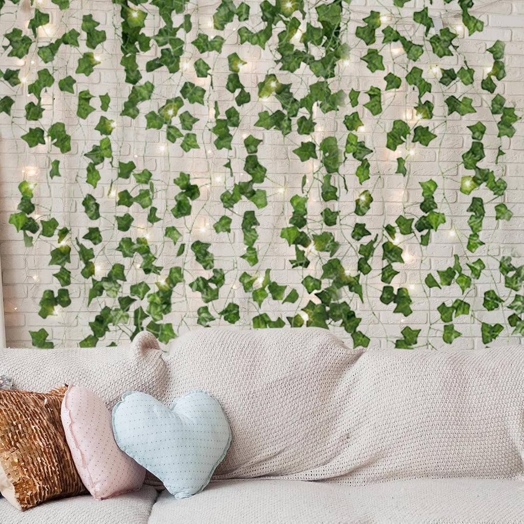 CEWOR 14 Pack 98 Feet Fake Ivy with Lights, Artificial Garland with 100 LED String Lights Greenery Hanging Plant Vine for Bedroom Wall Decor Wedding Party Room Aesthetic Stuff