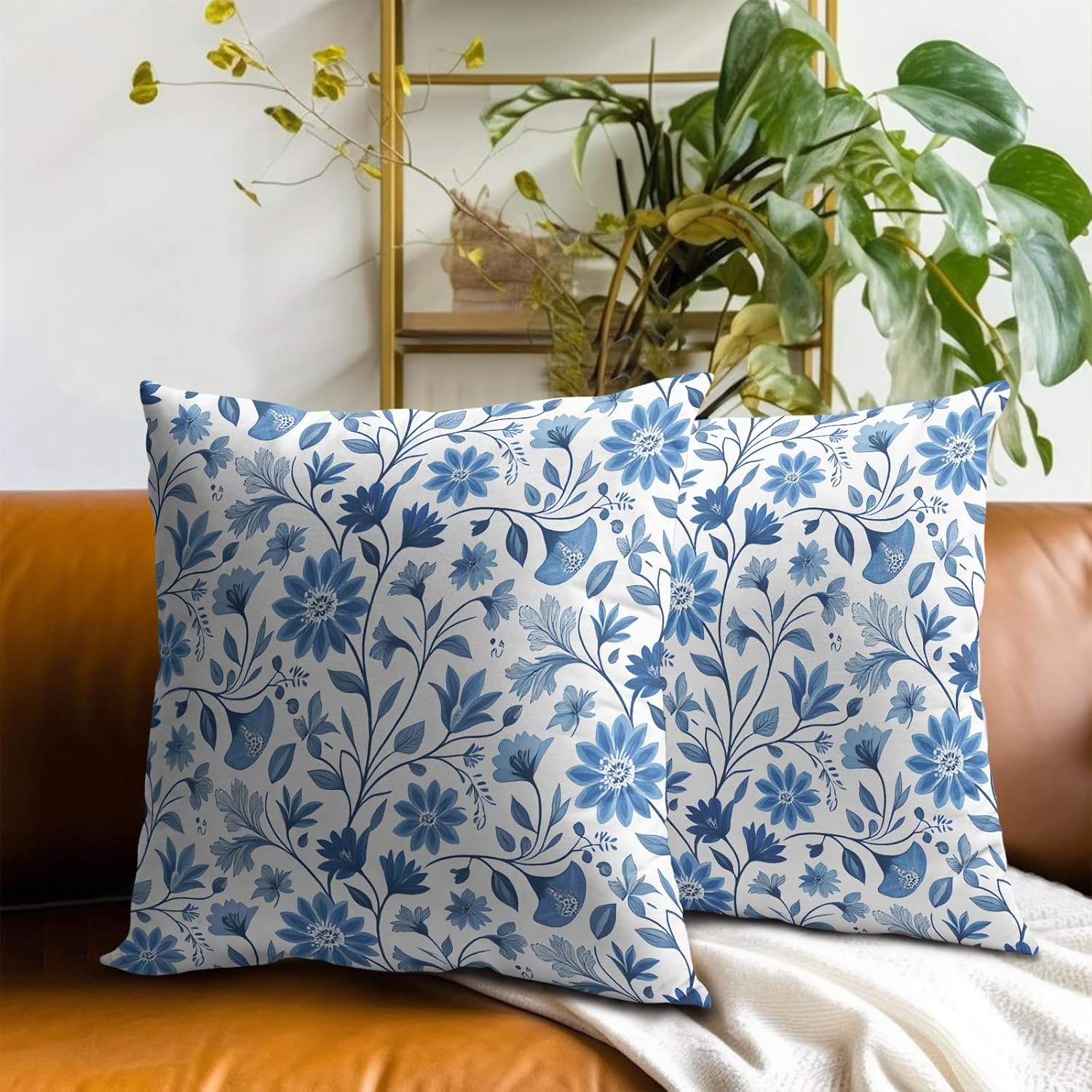 Boho Chic Blue Floral Throw Pillow Covers Set of 2 Ultra-Soft All-Season Pillow Shams with Hidden Zipper,Durable for Sofa Bed Car Decor & Gift Luxury 18x18IN