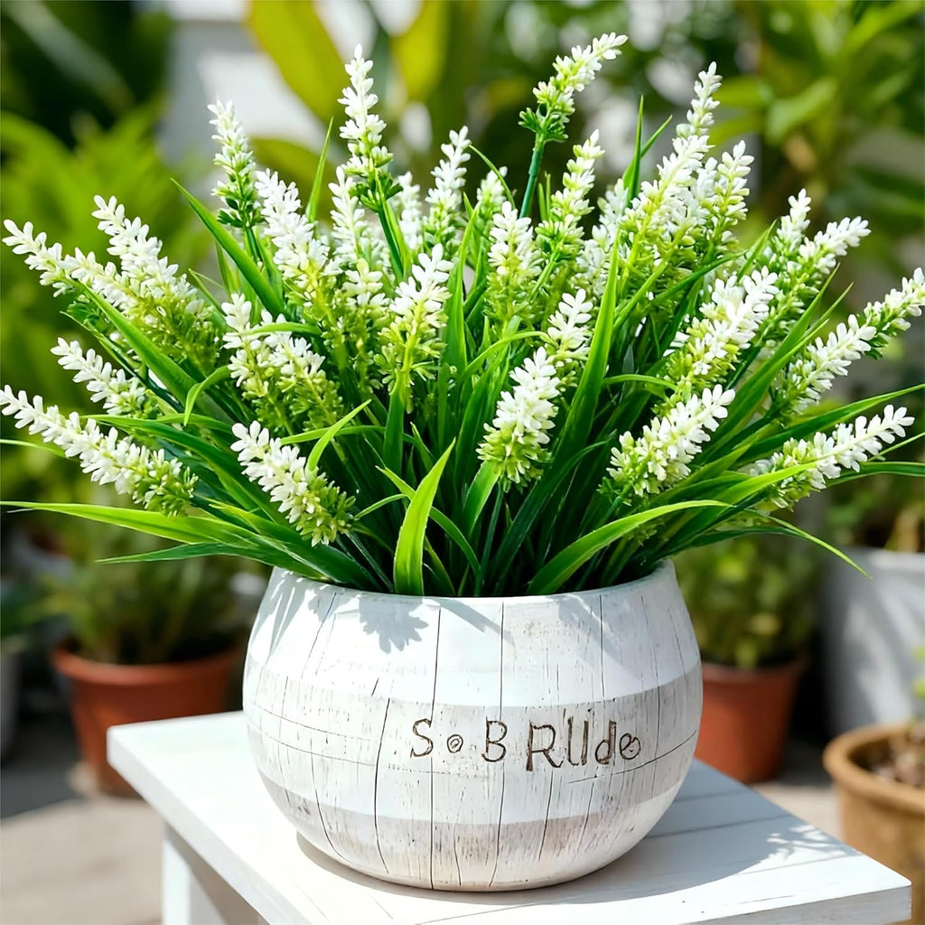 Geegoods Artificial White Lavender Flowers for Outdoors – 24 Bundles UV Resistant Fake Flowers with Monkey Grass, Realistic Artificial Plants Outdoor for Garden, Patio, Porch, Window Box & Home Décor