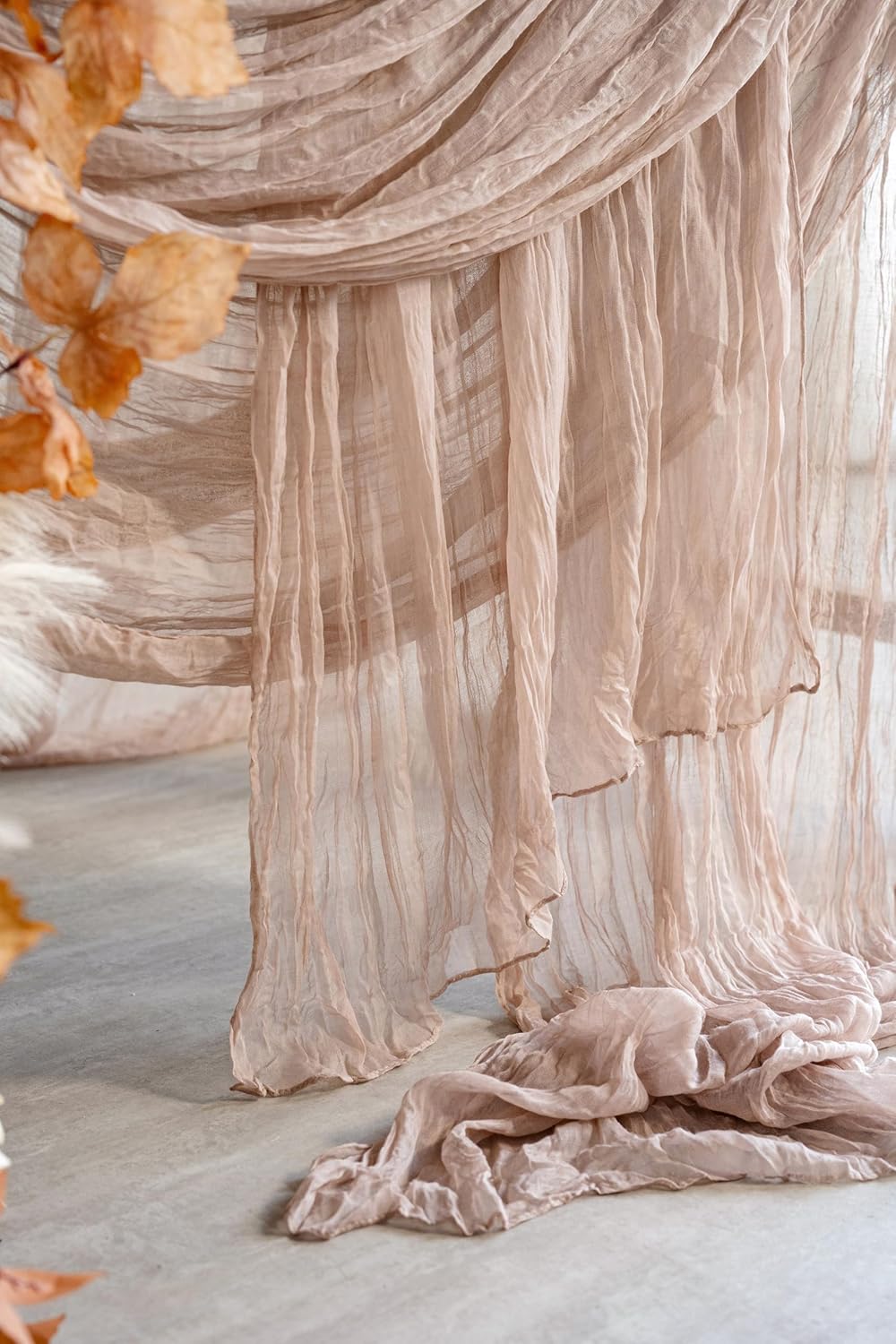 Ling's moment 10Ft x 35" Wide Warm Sand Gauze Semi-Sheer Table Runner Cheesecloth Tablecloth for Wedding Party Bridal Shower Boho Table Decor