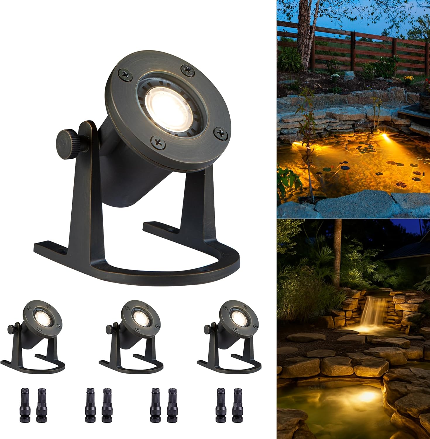 Gardenreet Brass Pond Light 12V - Low Voltage Underwater LED Fountain Lights, IP68 Waterproof Submersible Waterfall Lamp Wired, Outdoor Bronze for Swimming Pool Ponds MR16 Bulb Not Included(4 Pack)