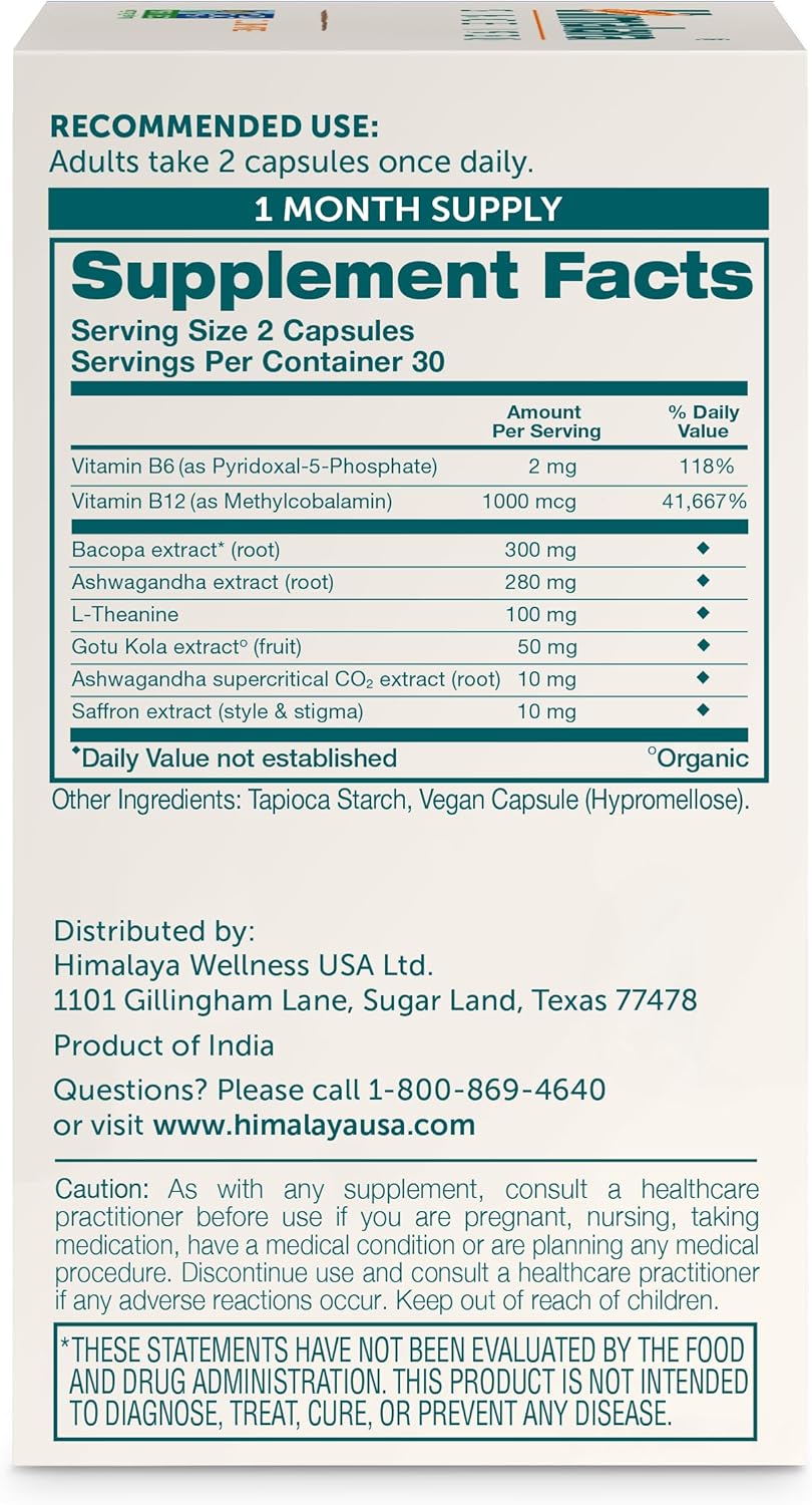 Himalaya Focused Mind Supplement, with Ashwagandha, Bacopa & L-Theanine for Attention, Focus and Energy Support, 60 Vegan Capsules, Gluten Free, 1 Month Supply