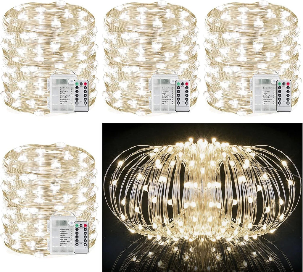 33Ft String Lights Battery Operated with Remote Control Timer, 100LED 4 Pack Waterproof 8 Modes Copper Wire Twinkle Fairy Lights for Bedroom Indoor Outdoor Wedding Dorm Christmas Decorations