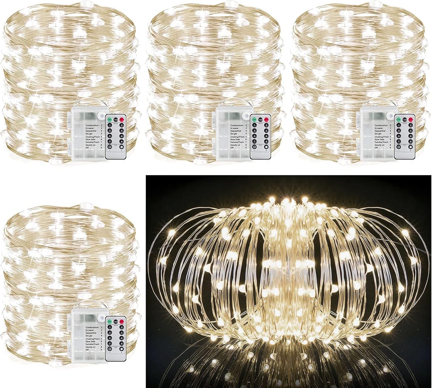 33Ft String Lights Battery Operated with Remote Control Timer, 100LED 4 Pack Waterproof 8 Modes Copper Wire Twinkle Fairy Lights for Bedroom Indoor Outdoor Wedding Dorm Christmas Decorations
