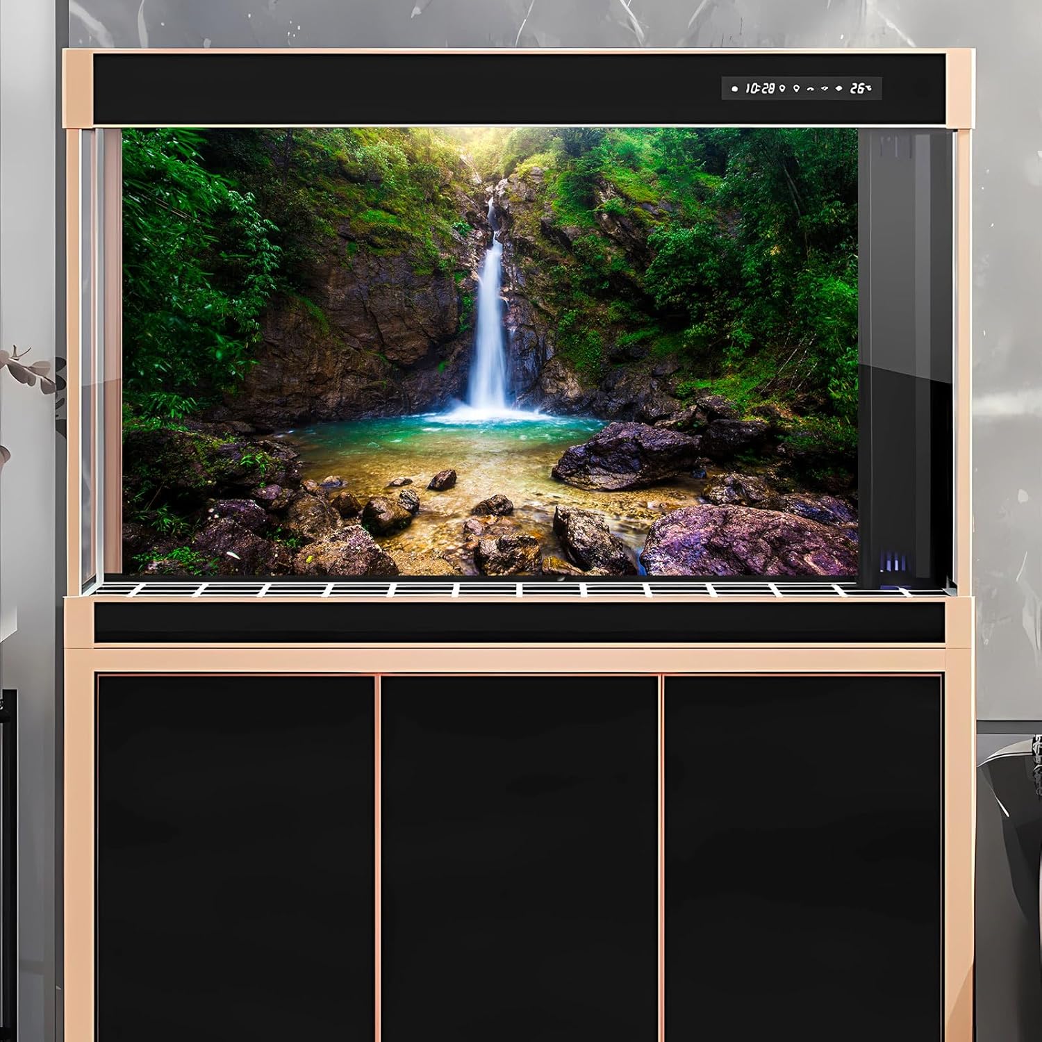 Waterfall Aquarium Background Deep Forest Natural Landscape Terrarium Background Falls Green Jungle Plants Huge Rocks Fish Tank Background Waterfall Rock Reptile Habitat Background Vinyl 72x24in