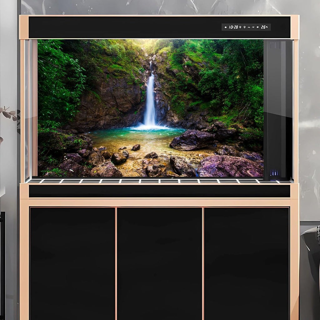 Waterfall Aquarium Background Deep Forest Natural Landscape Terrarium Background Falls Green Jungle Plants Huge Rocks Fish Tank Background Waterfall Rock Reptile Habitat Background Vinyl 36x24in