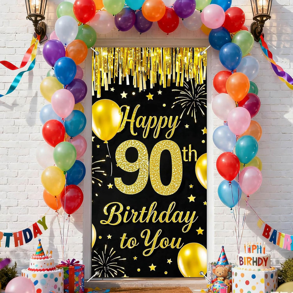IVN 90th Birthday Door Cover 71x35 Inch Black Gold Birthday Banner for Party Decorations Balloons Stars Fireworks Backdrop Sign for Men Women Photo Booth Prop Wall Decor