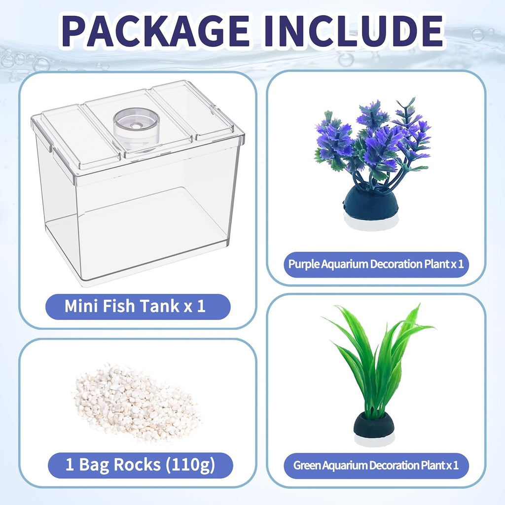 Mini Betta Fish Tank, Small Fish Bowl for Temporary Space, 0.2 Gallon Stackable Cube Tank with Artificial Plants and Gravels for Small Fish, Insect, Shrimp, Crab, Spider. (Pack-1)