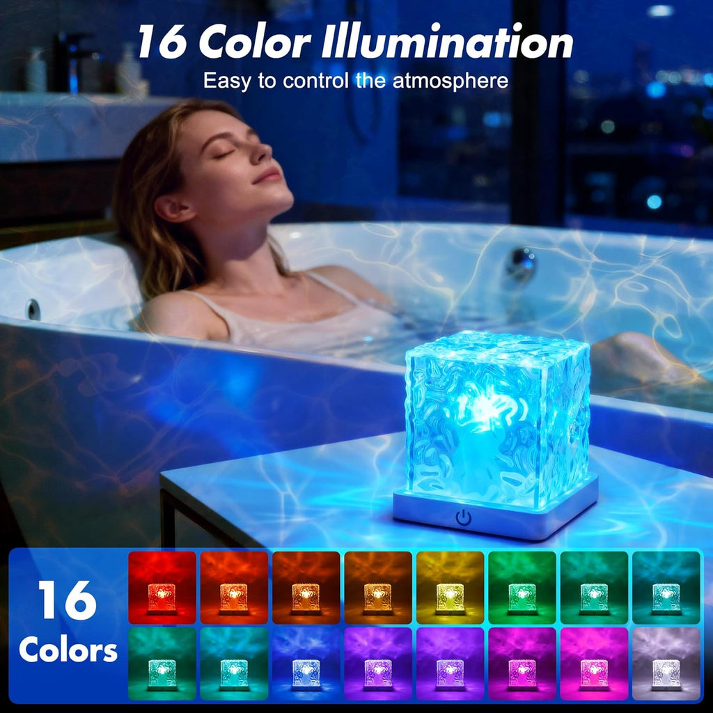 Rechargeable Shower Light No Wiring, 16 Color Changeable Ocean Wave Projector Light, Dimmable Waterproof Shower Lamp with Remote, Rotating Flame Water Ripple Lamp for Shower, Bathroom, Bedroom Decor