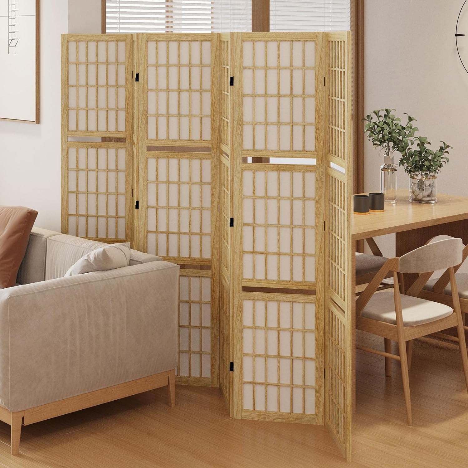 Room Divider with Shelves, 66.9-Inch Tall Japanese Shoji Style Wood Screen with Double Hinges for Home Office Bedroom Hotel Decoration (6 Panels, Natural)