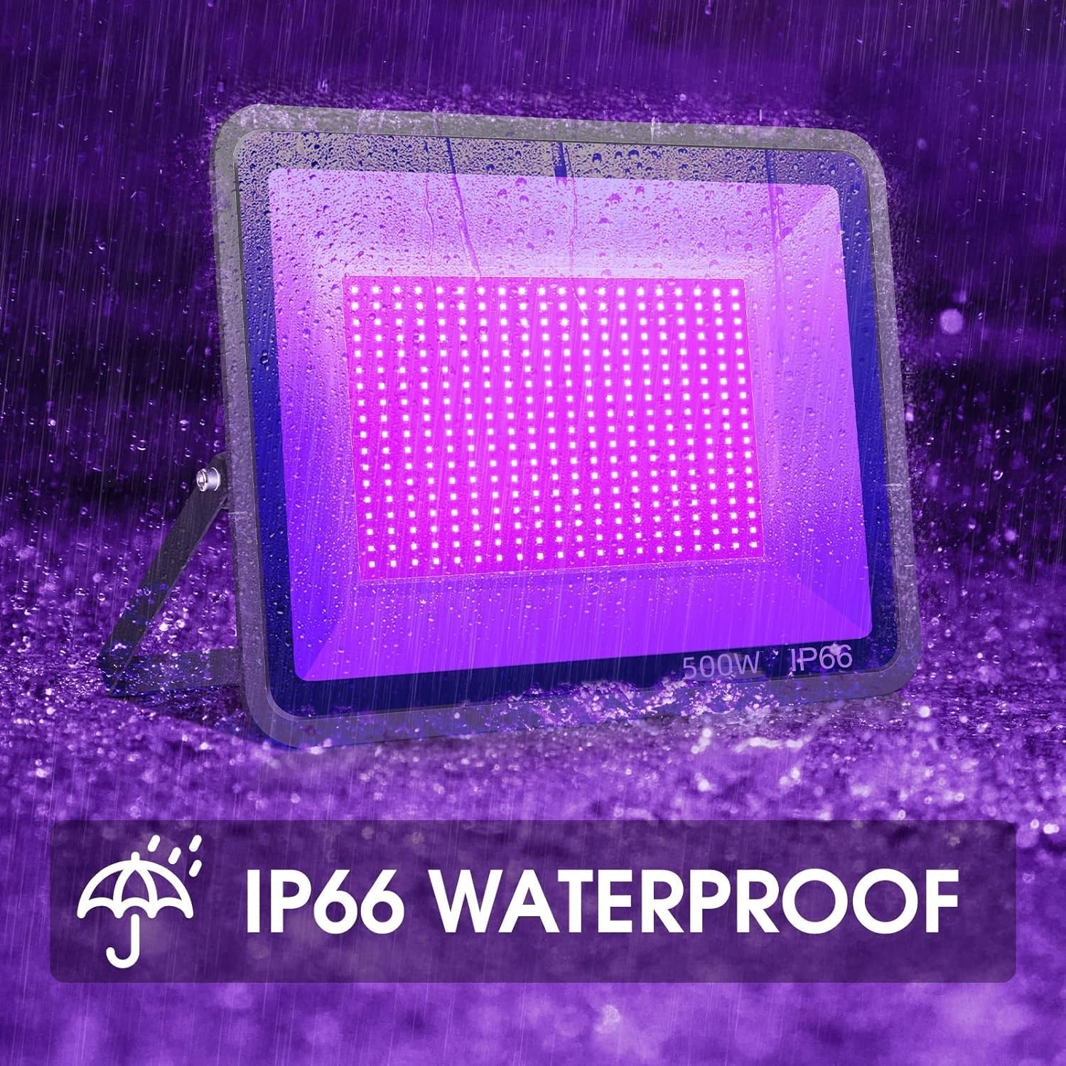 500W 2 Pack LED Black Light,Black Flood Light Outdoor with Plug and Switch, IP66 Waterproof 395nm to 405nm LED UV Blacklight Neon Glow for Glow Party, Halloween, Fluorescent Poster, Body Paint