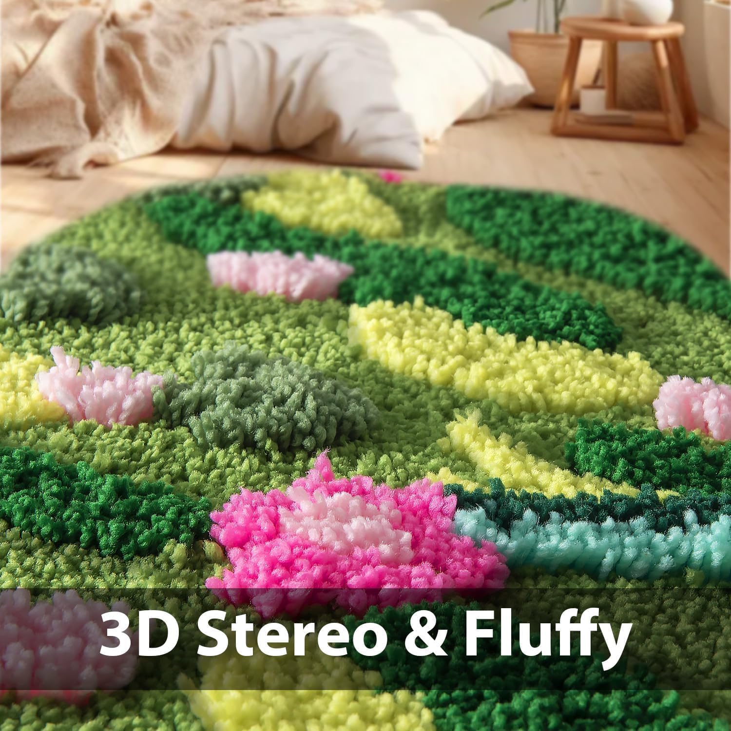Green Floral Large Bathroom Rugs Bath Mat 3ft Non Slip Washable,3D Moss Rug Aesthetic Irregular Shaped Carpet for Bedroom,Tufted Rugs for Bedroom Dorm,Microfiber Grass Mat for Playroom Cute 40 X 20IN