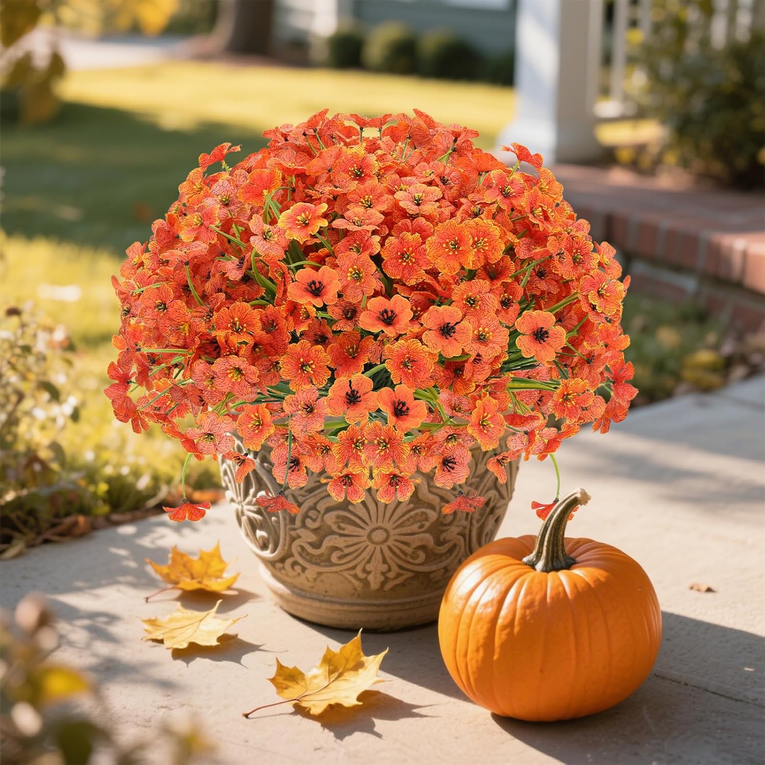 20 Bundles Fall Flowers Artificial for Halloween Decoration, Fake Flowers Faux Plants Silk Colorful Daisy Eucalyptus Realistic UV Resistant for Garden Patio Porch Box Home Decor, Orange