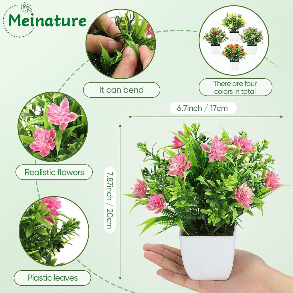 Fake Plants 4 Packs, Small Artificial Plants with Flowers, Black Faux Plants for Bathroom, Office, Home, Conference Table Decor, Indoor Desk Decor for Library, Restaurant (Spring Color 2)