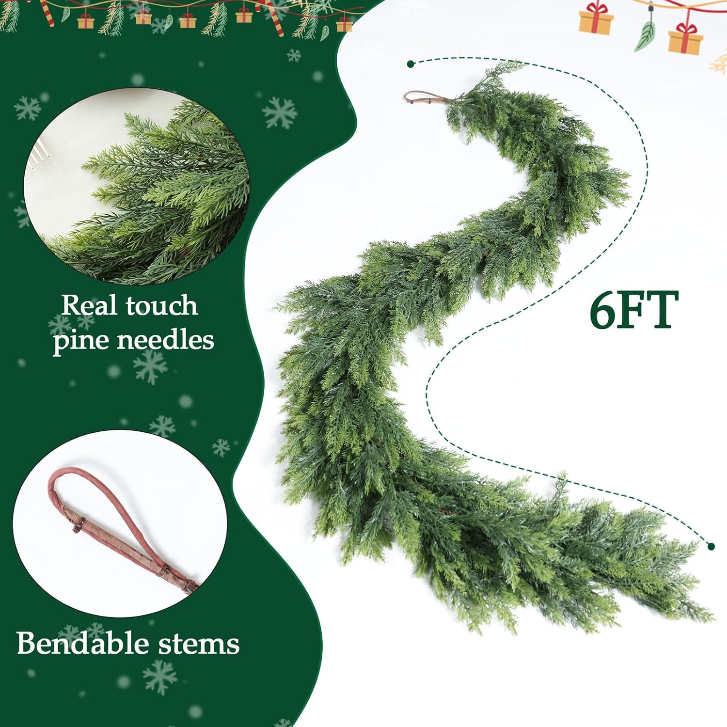 MIZII Christmas Garlands 6FT Thick Artificial Pine Garland Real Touch Green Faux Pines Vine Greenery Garland Christmas Decorations for Xmas Fireplace Mantle Home Decor Indoor Outdoor (Pine 6FT)