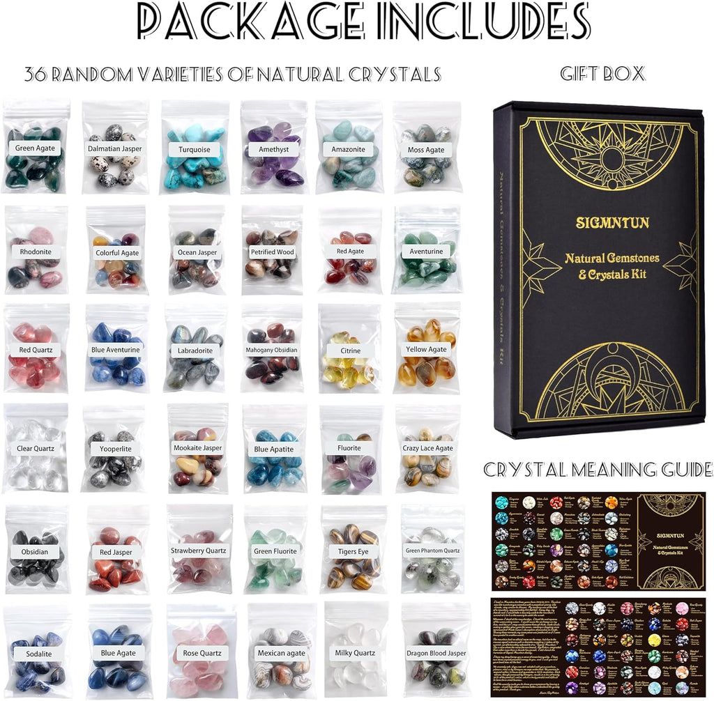 36 Varieties Healing Crystals & Stones Bulk Set – 2.5 lbs, 0.5" Natural Polished & Tumbled Gemstones Collection and Decorative Rocks for Chakra, Meditation, Reiki, Witchcraft, Crafts