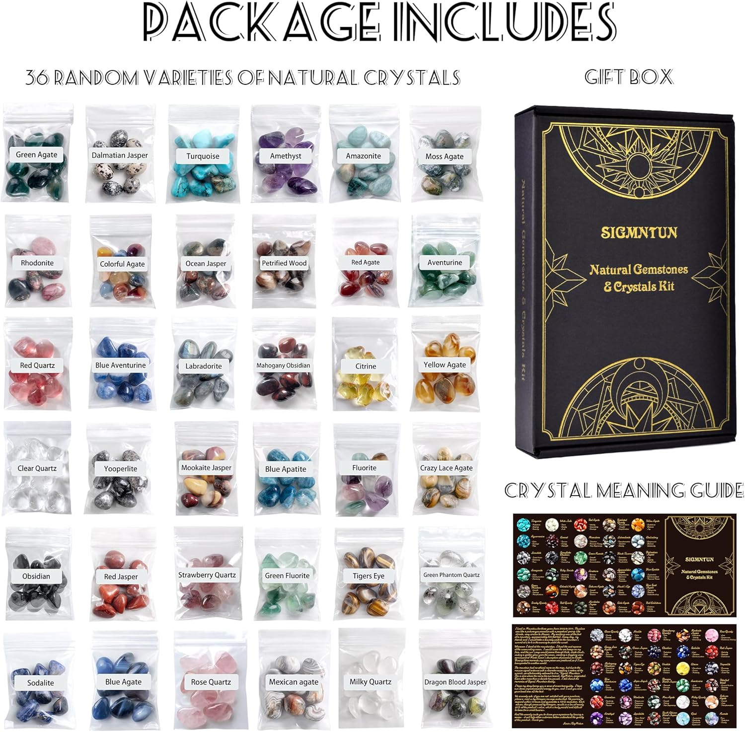 36 Varieties Healing Crystals & Stones Bulk Set – 2.5 lbs, 0.5" Natural Polished & Tumbled Gemstones Collection and Decorative Rocks for Chakra, Meditation, Reiki, Witchcraft, Crafts