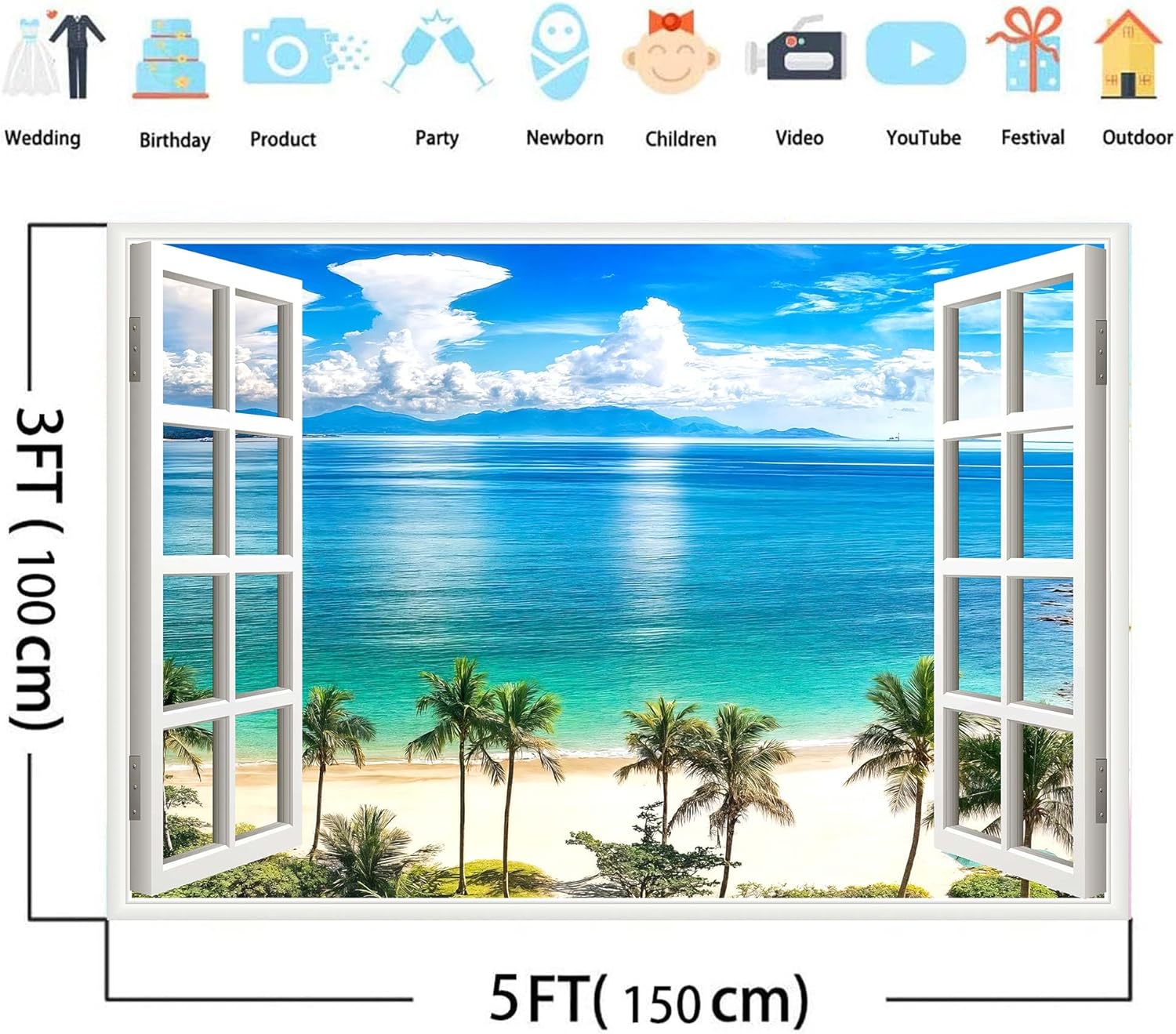 Summer Beach Window Backdrop, Hawaii Tropical Island Palm Leaves Ocean Photography Backdrop, Wedding Pictures Birthday Party Backdrop Photo Booth Props, 7X5FT (8X6FT)