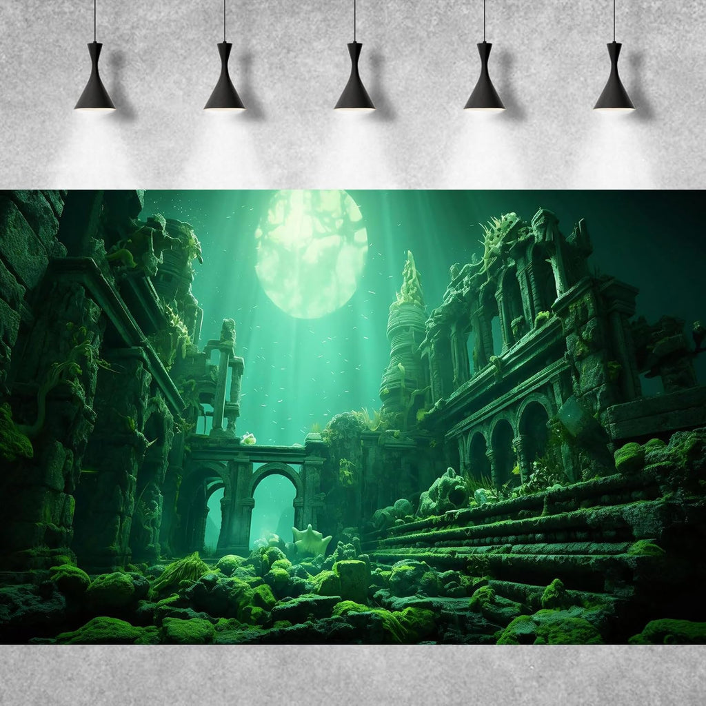 Underwater Aquarium Background Undersea Roman Building with Plants Around Seabed Fish Tank Background Underwater Building Stone with Moss Terrarium Background Undersea Aquarium Backdrop 48x20in